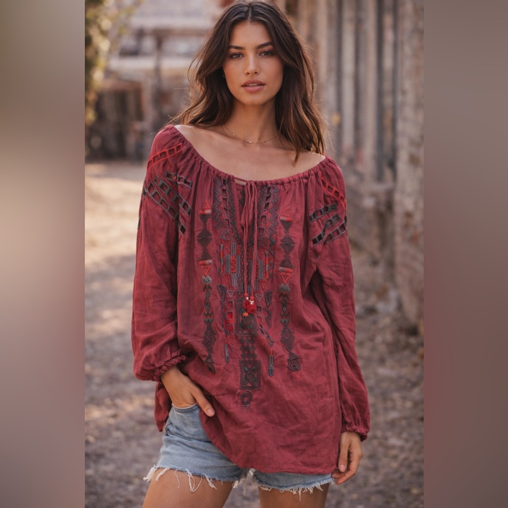 Johnny Was Red Embroidered Off-Shoulder Blouse
